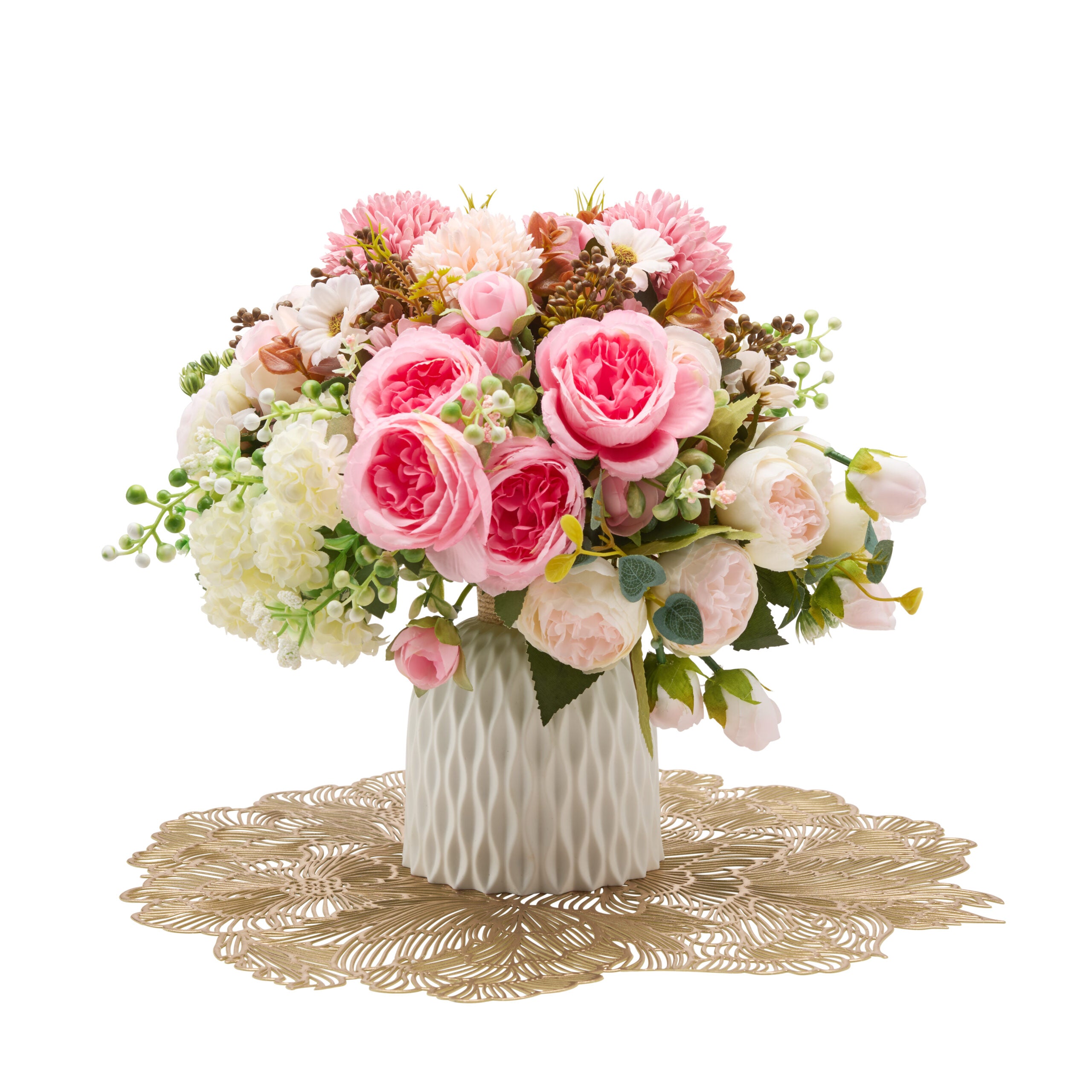 White and pink artificial flowers – “made for mum”