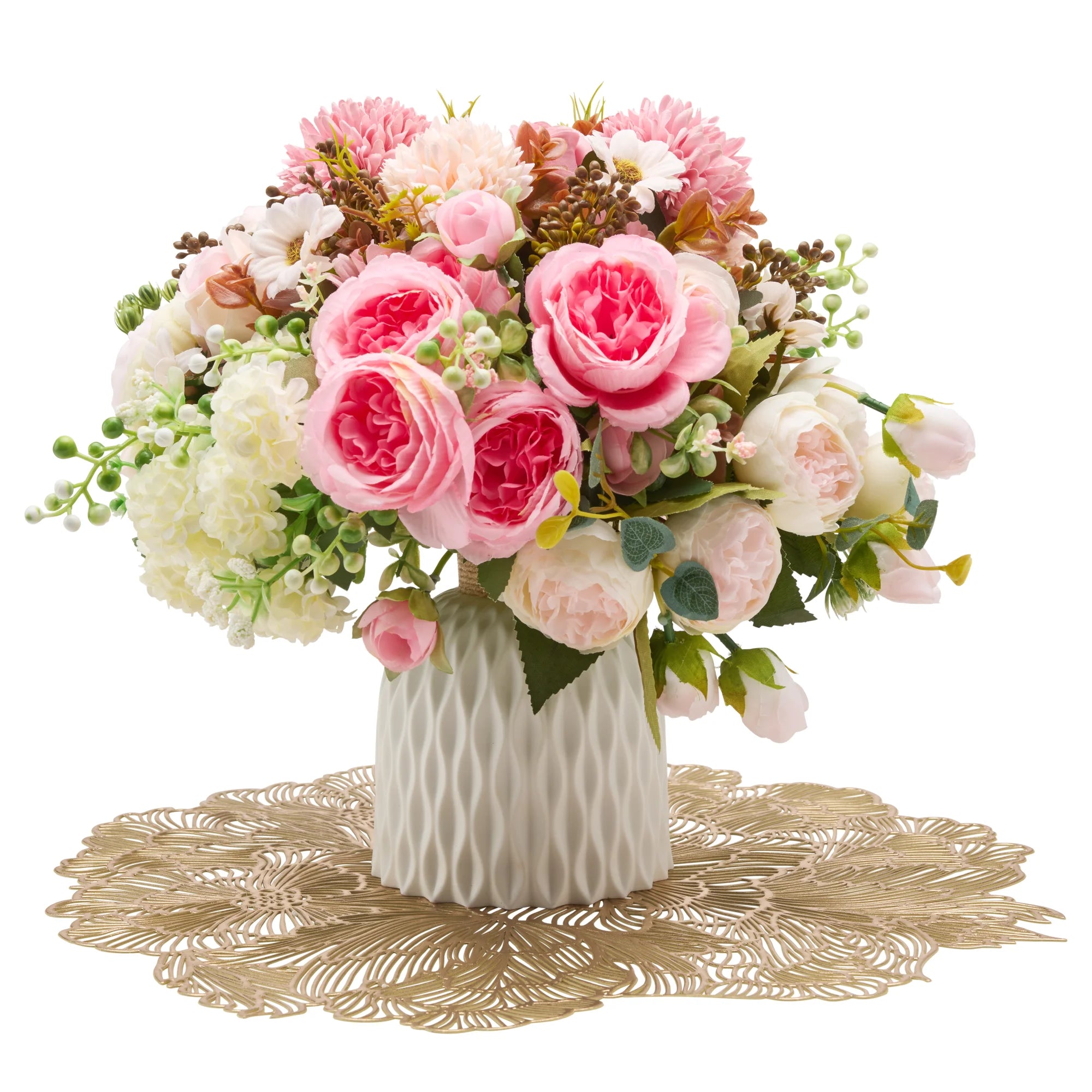 White and pink artificial flowers – “made for mum”